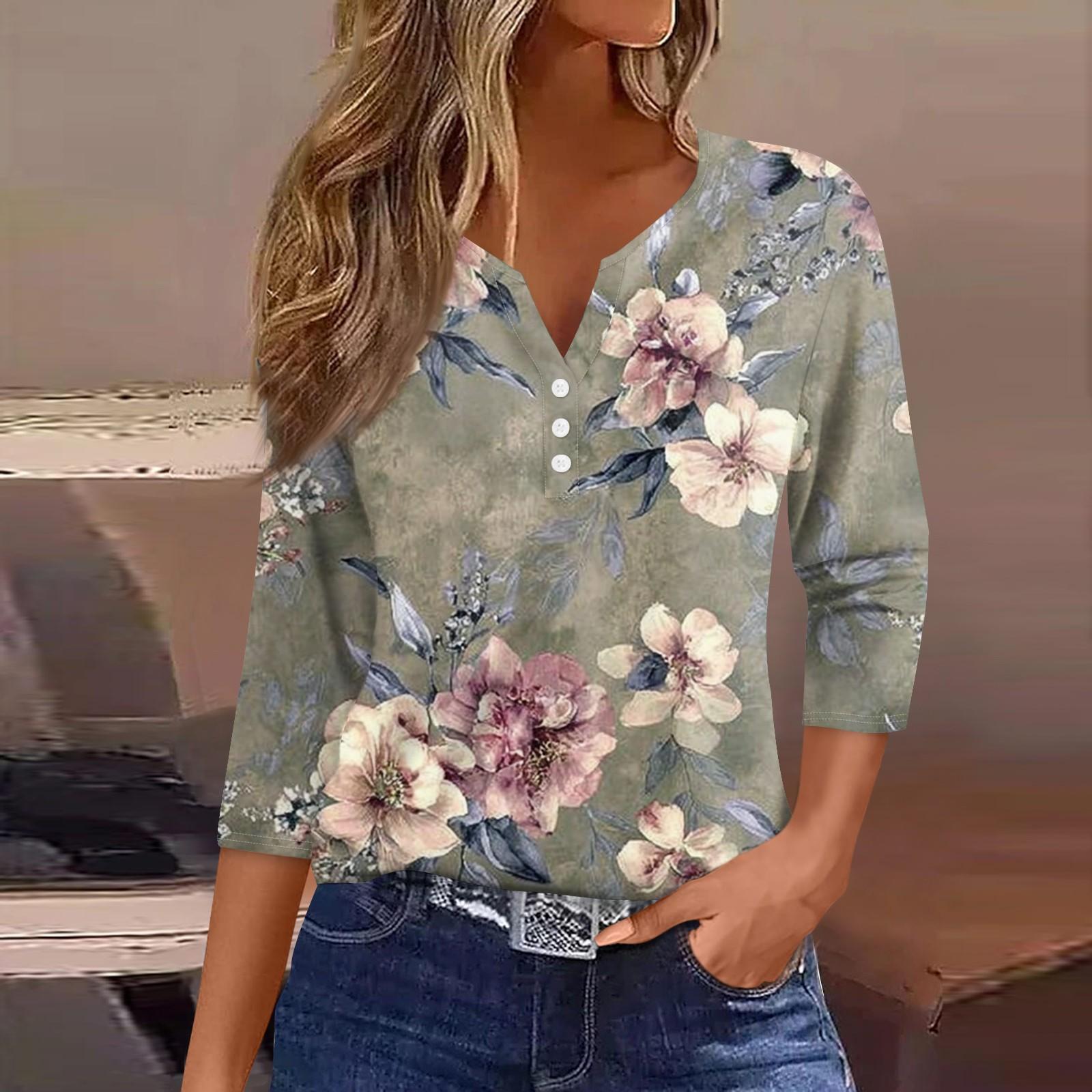 

Женская модная повседневная футболка с v-образным вырезом и декоративными пуговицами, рукавом три четверти, с цветочным принтом, топ XXXL