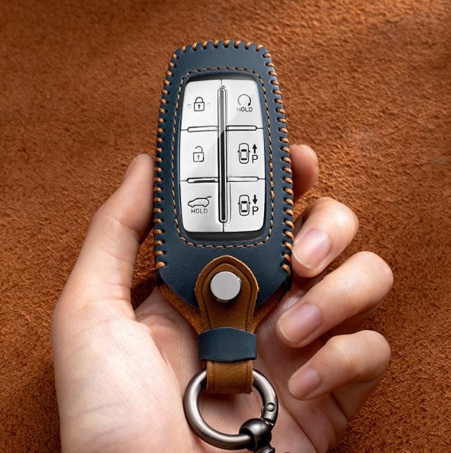 Leather Car Key Case Smart Remote Fob Protector Cover Auto Accessories For Hyundai Genesis GV70 GV80 2021 2022 G70 G80 2023 2024