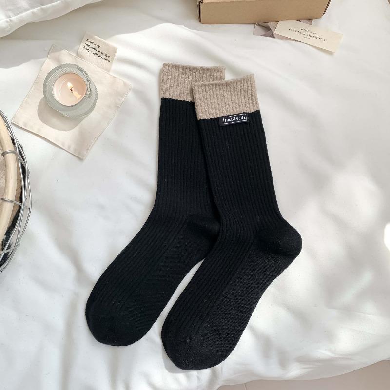 Wool Socks with Children's Multi-color Letter Fabric Labels, Mid-calf Socks, Vertical Stripes, Chunky Socks