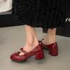 Fashion French Bow Mary Jane Shoes Women's Summer New Round Toe 100 with Skirt Metal Buckle Block Heel Small Leather Shoes
