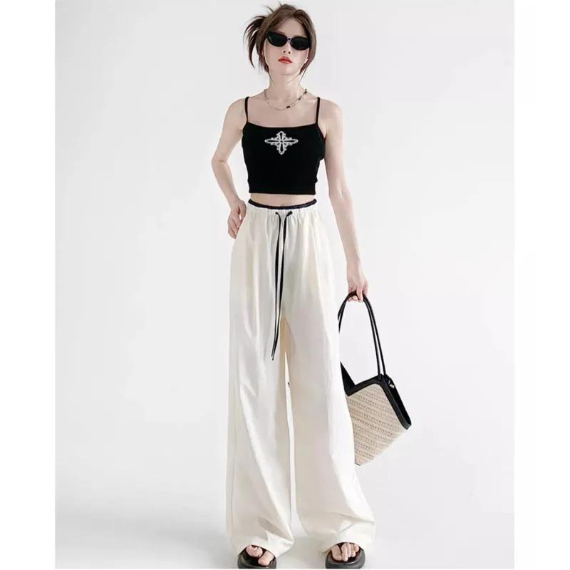 Womens Apricot Contrast Drawstring Waist High Waist Wide Leg Casual Pants L абрикосовый