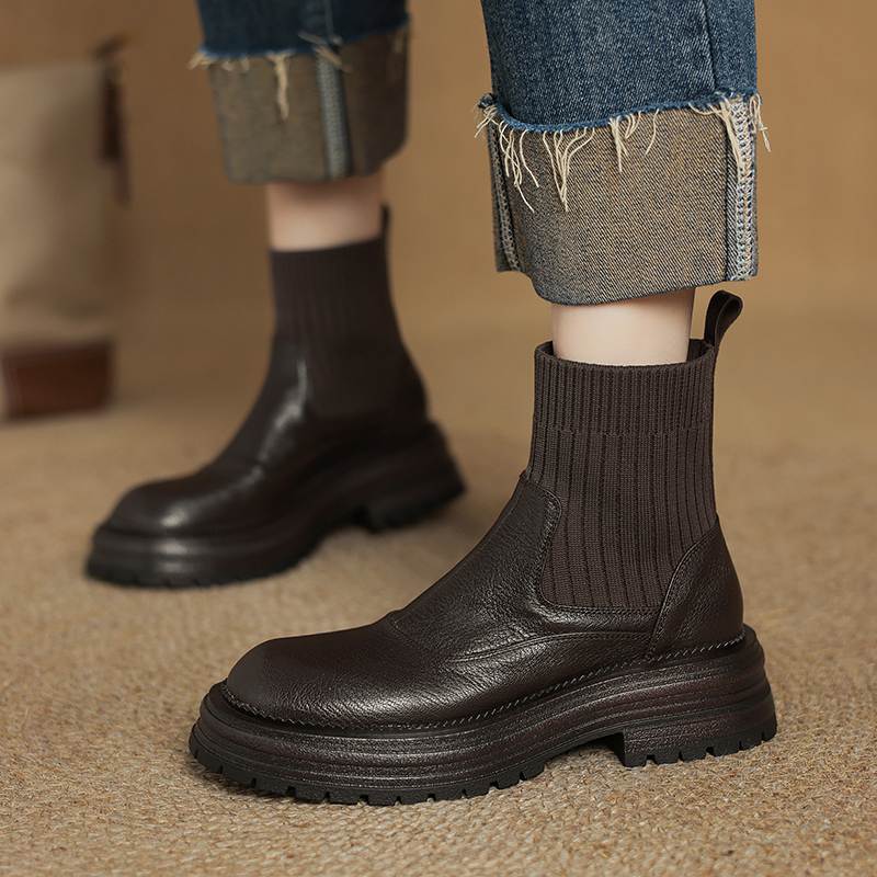 Krazing Pot Sheepskin Winter Round Toe Chunky Heels Fashion Motorcycle Boots Women Slip on Kniting Platform Ankle Boots