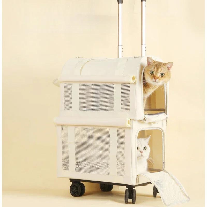 High Aesthetic Pet Trolley Breathable 2-Layers Cat Baskets Travel Transport Case with Comfortable Design Convenient for Travel
