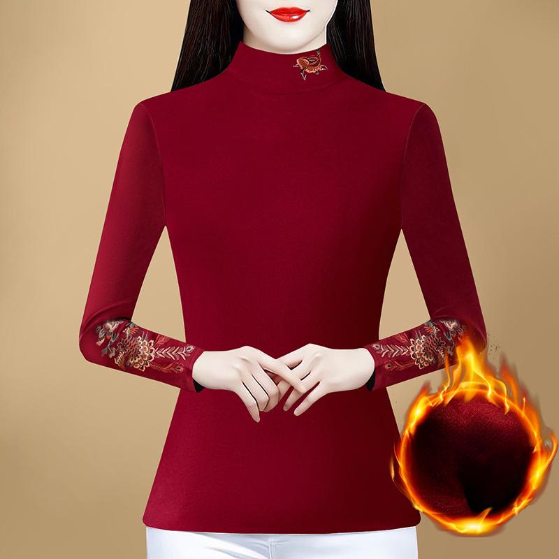 New Winter Casual Pullover Long-sleeved Base T-shirt for Women's Half-high Neck Embroidered Middle-aged Mother's Top