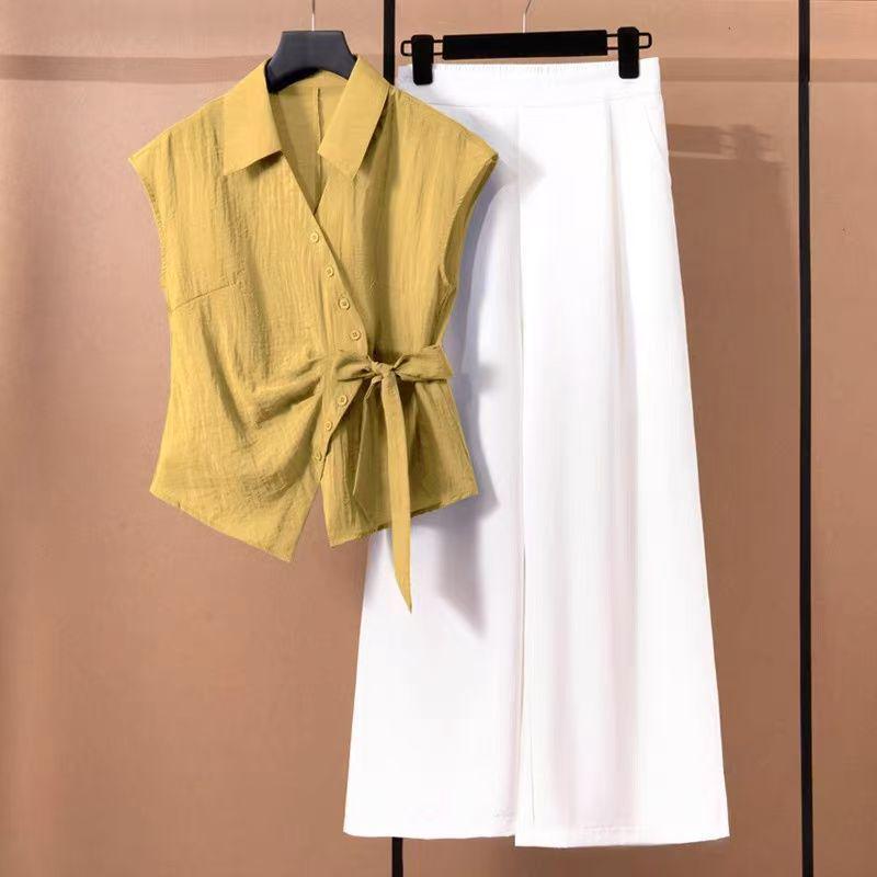2026 Summer Irregular Short-Sleeve Shirt & Wide-Leg Pants Two-Piece Set