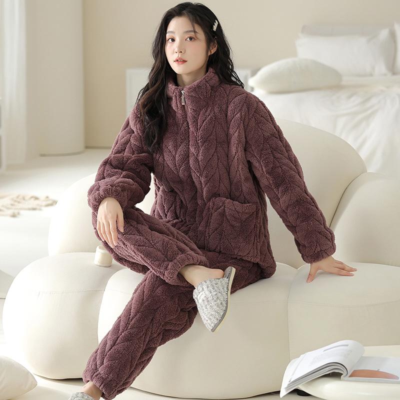 Winter Coral Fleece Padded Pajamas Women'S Fleece Thickened Flannel Padded Jacket Autumn And Winter Loungewear Warm Suit