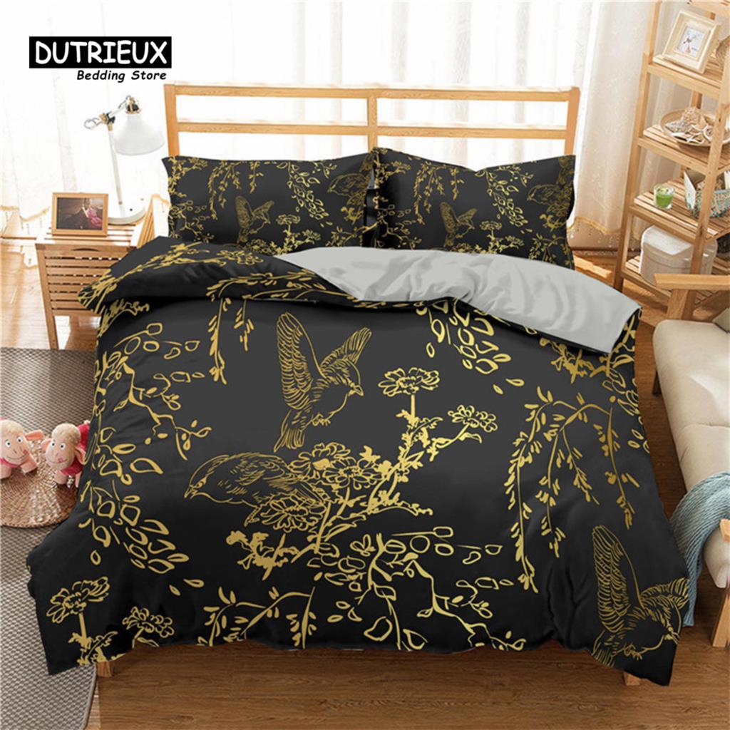 Golden Floral Bedding Set Queen Size Microfiber Bohemia Flowers Leaves 3D Print Duvet Cover For Kids Teens Adults Bedroom Decor