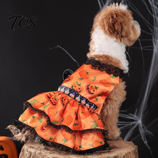 Soft Dog Clothing Halloween Pumpkin Dress, Black Lace Neck Outfit, Ruffled Festive Costume Autumn Pet Party for Small Dogs Holiday Dress