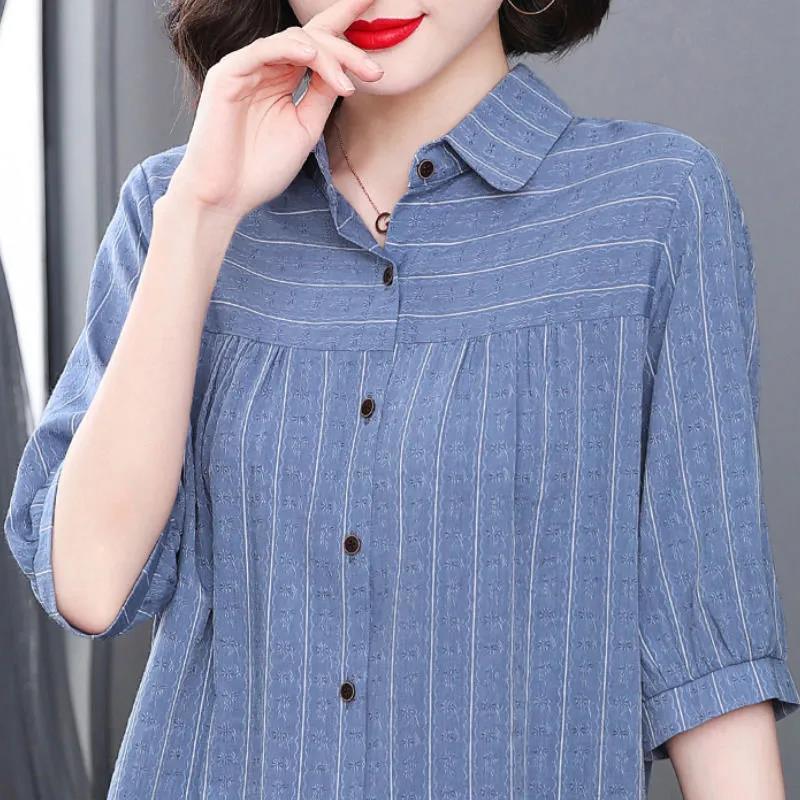 Cotton Striped Five-point Sleeve Shirt Women's Loose Mother Short-sleeved Shirt Middle-aged Women's Top Trendy