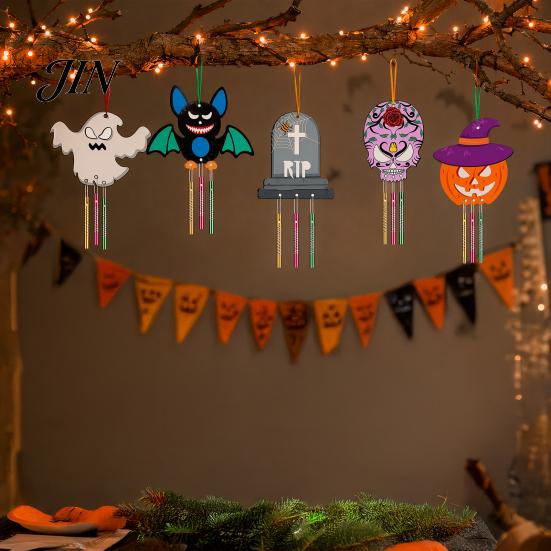 Halloween Classroom Activity Kits Wind Chime Making Kit for Kids Adults, DIY Wooden Ghost Pumpkin Bats Witch Art And Crafts Skeleton Tombstone Spider