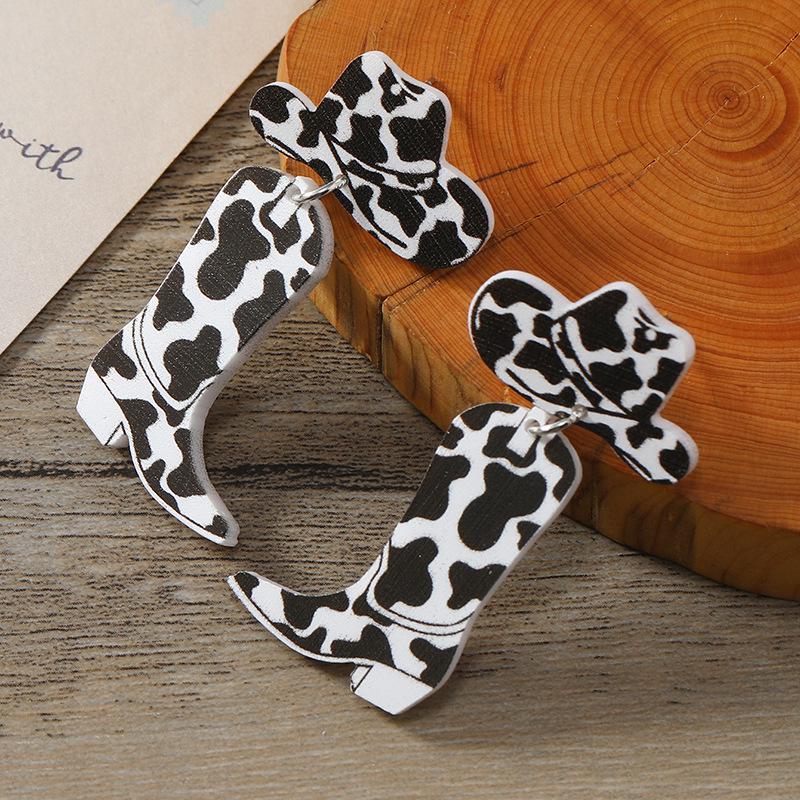 European & American Cow Print Acrylic Boots, Western Cowboy Hat & Howdy Let s Go Girls Earrings