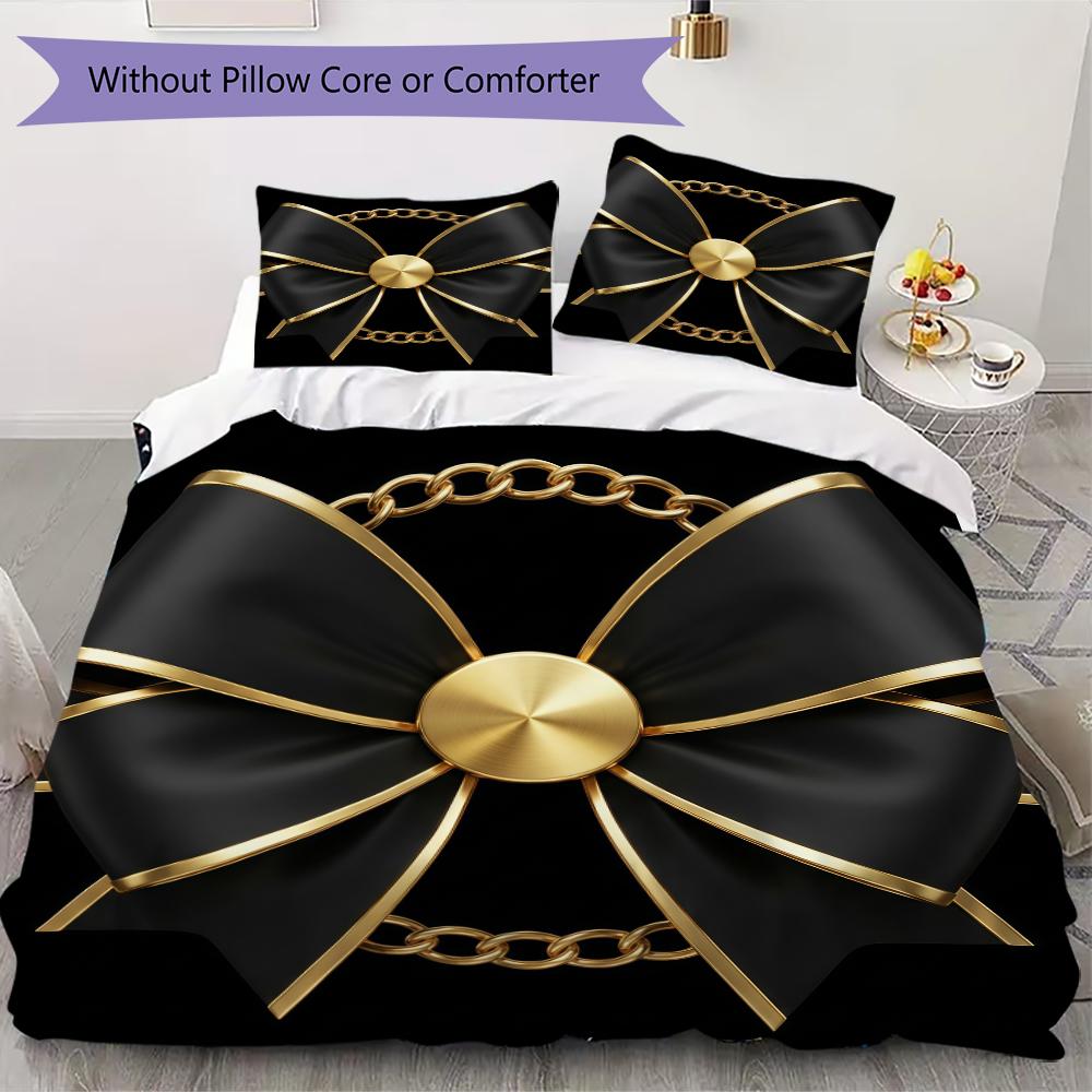 Minimal Black Bow Pattern Bedding Uilt Set Uilt Cover Pillowcase Home Decoration Birthday Gift (1 * Duvet Cover + 2 * Pillowcase Without Core)