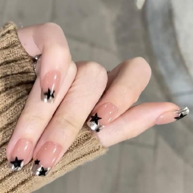 24Pcs Square Press On Nail Glossy Design French Fake Nail Acrylic False Nail,Artificial Nail Glues On Nail for Womens