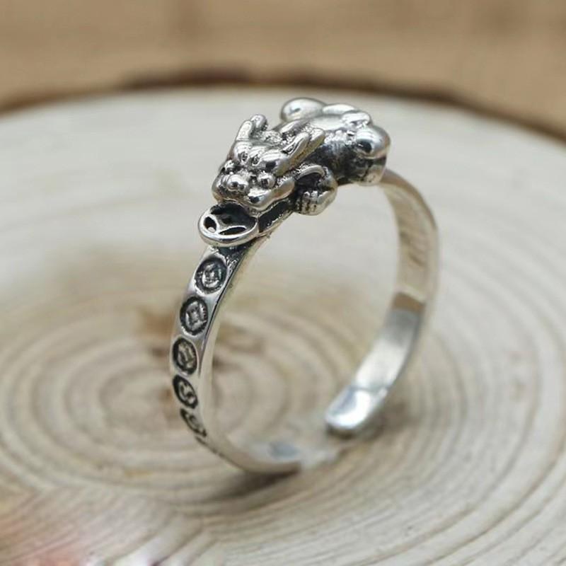 Adjustable Open Ring Men Women Plated Copper Vintage Pixiu Lucky Charm Retro Geometric Style
