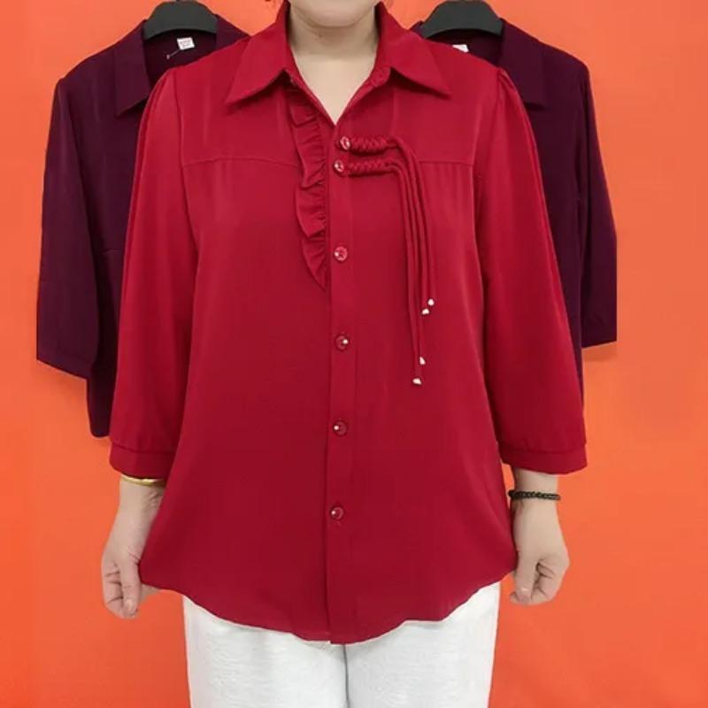 

Women Burgundy Frog Button Ruffle Lapel 3/4 Sleeve Loose Shirt L красный