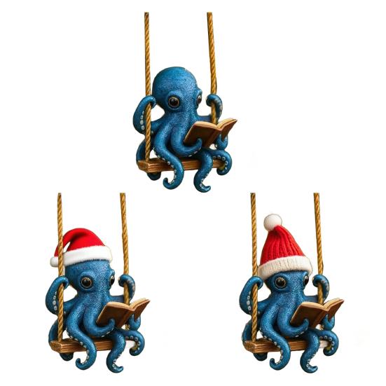 Octopus Reading Ornament Blue Octopus Reading Swing Ornament Sea Creature Christmas Tree Hanging Decor Squid Art Collection Gifts for Ocean Lovers