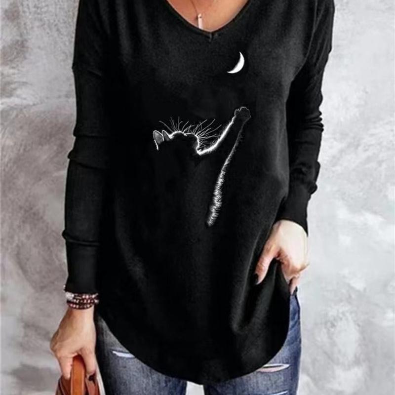 

Футболка с принтом кота больших размеров, винтажные футболки с 3D рисунком, свободный топ с длинными рукавами, женские осенние футболки с v-образным вырезом 6XL