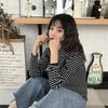 High-neck Bottoming Shirt Women Loose Wild Black and White Striped Long-sleeved T-shirt