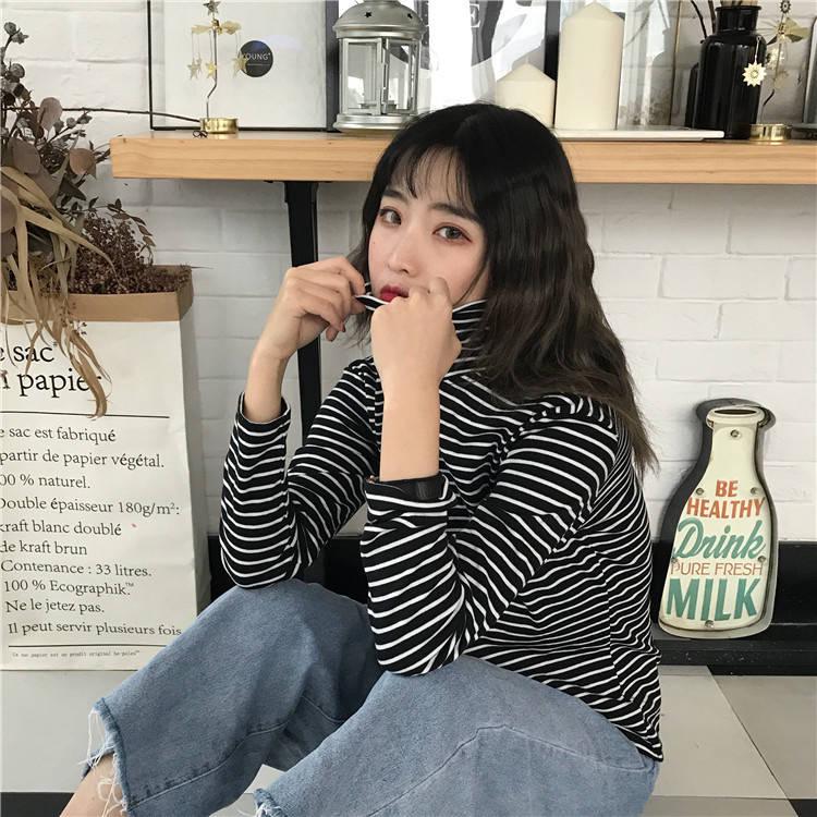 High-neck Bottoming Shirt Women Loose Wild Black and White Striped Long-sleeved T-shirt