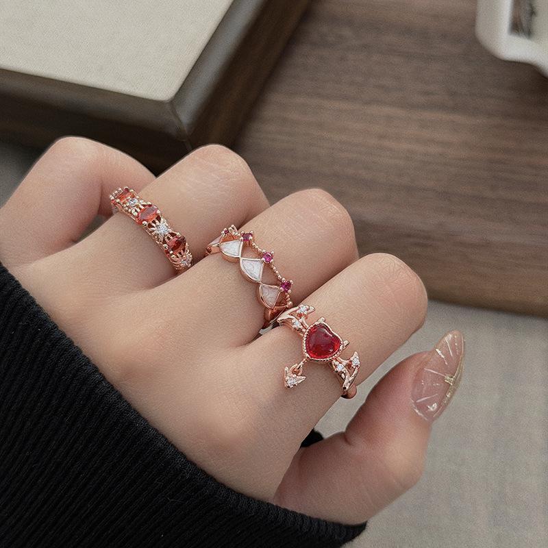 Rose Gold Sweet Cool Girl Wind Crown Red Zircon Love Wings Enamel Open Ring With Diamonds Niche Design Women