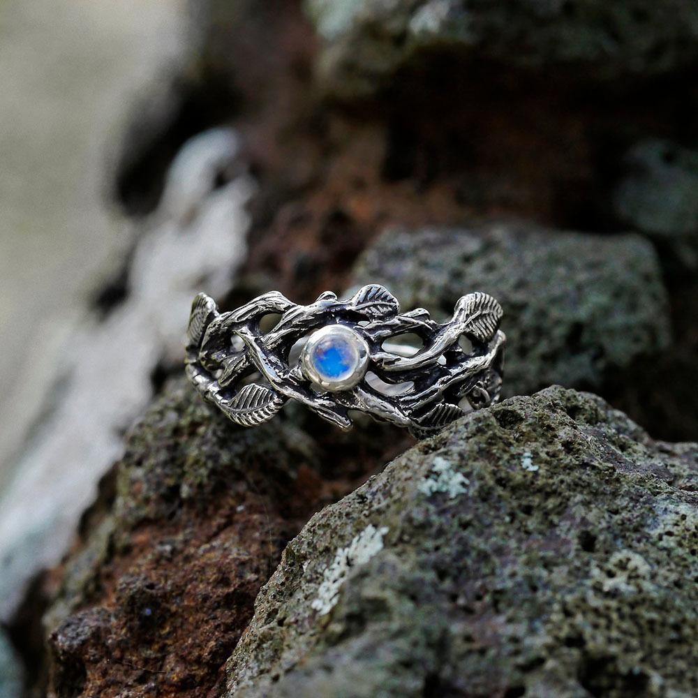 WOSIKATE Vintage Creative Branch Thai CopperRing For Women Fashion Jewellery With Synthetic Moonstone Thai CopperLeaf Ring