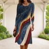 Women Plus Size Round Neck Long Sleeve Navy Red Golden Printed A Line Midi Dress