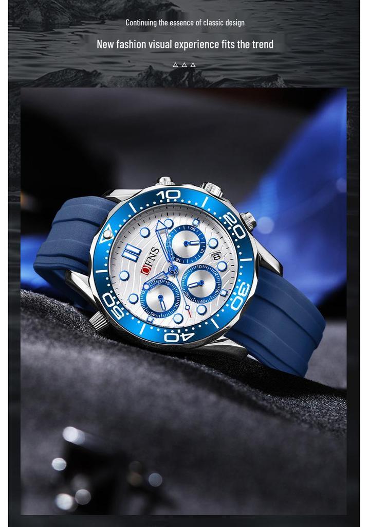 OFNS Men's Retro Waterproof Quartz Watch with Luminous Steel and Rubber Straps, Calendar, and Six-Hand Multi-Function Display.
