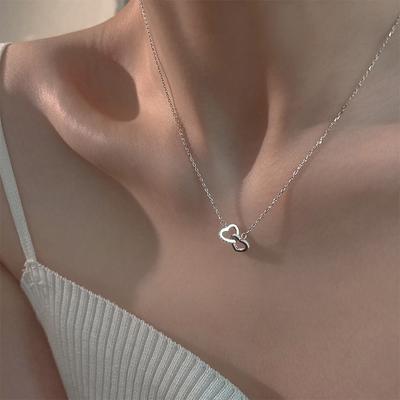 Simple Double Heart Pendant Necklace For Women Couple Alloy Silver Color Clavicle Chain Wedding Party Friends Jewelry Gift