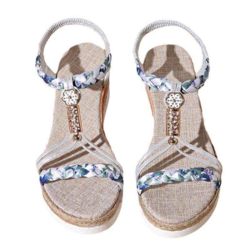 Damen Böhmische Keilsandalen, Zehenfrei Ausgeschnitten Holzschnalle Sommerschuhe, Übergröße Mode-Schuhwerk