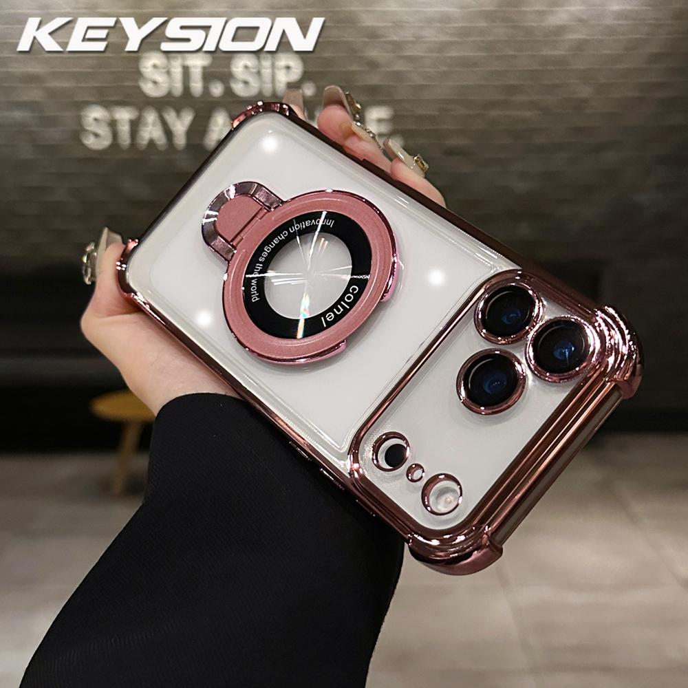

KEYSION Магнитный чехол для MagSafe для iPhone 17 Pro Max 17 Air Гальваническое покрытие Прозрачный ТПУ Ударопрочный Чехол-подставка с кольцом Задняя крышка для телефона for iPhone 17 Pro розовый