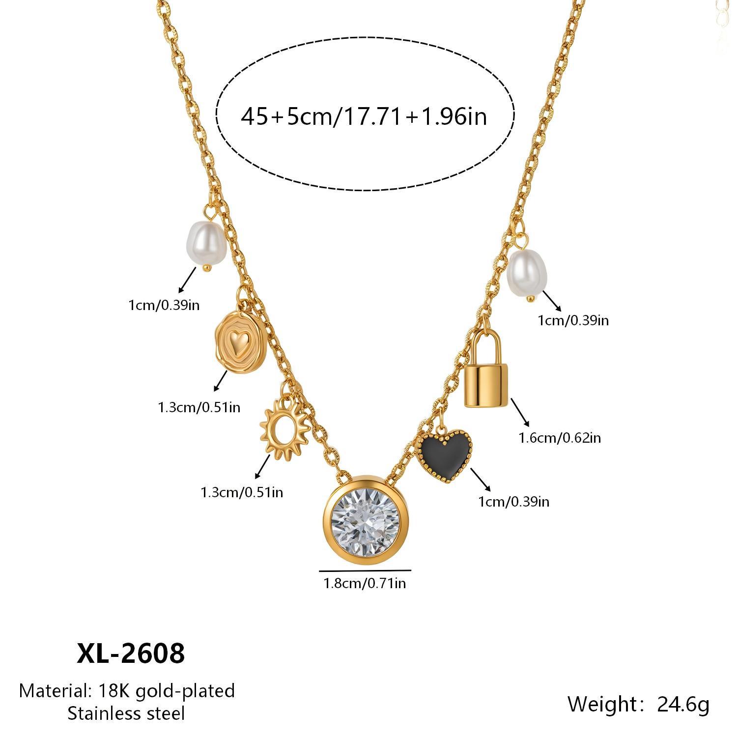Gold-Plated Stainless Steel Necklace with Geometric Rhinestone Heart and Sun Pendants 18K Gold Plated