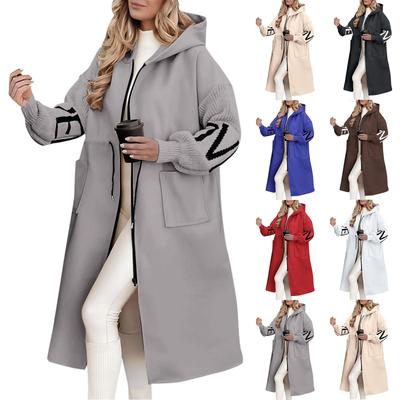 Women's  Solid Color Hooded Long Sleeve Knitted Sleeves Patchwork Casual Zip Jacket