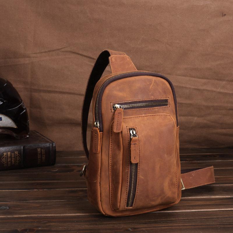 European and American Retro Crazy Horse Leather Men's Bag Retro Top Layer Cowhide Chest Bag Men's Genuine Leather Shoulder Crossbody Bag