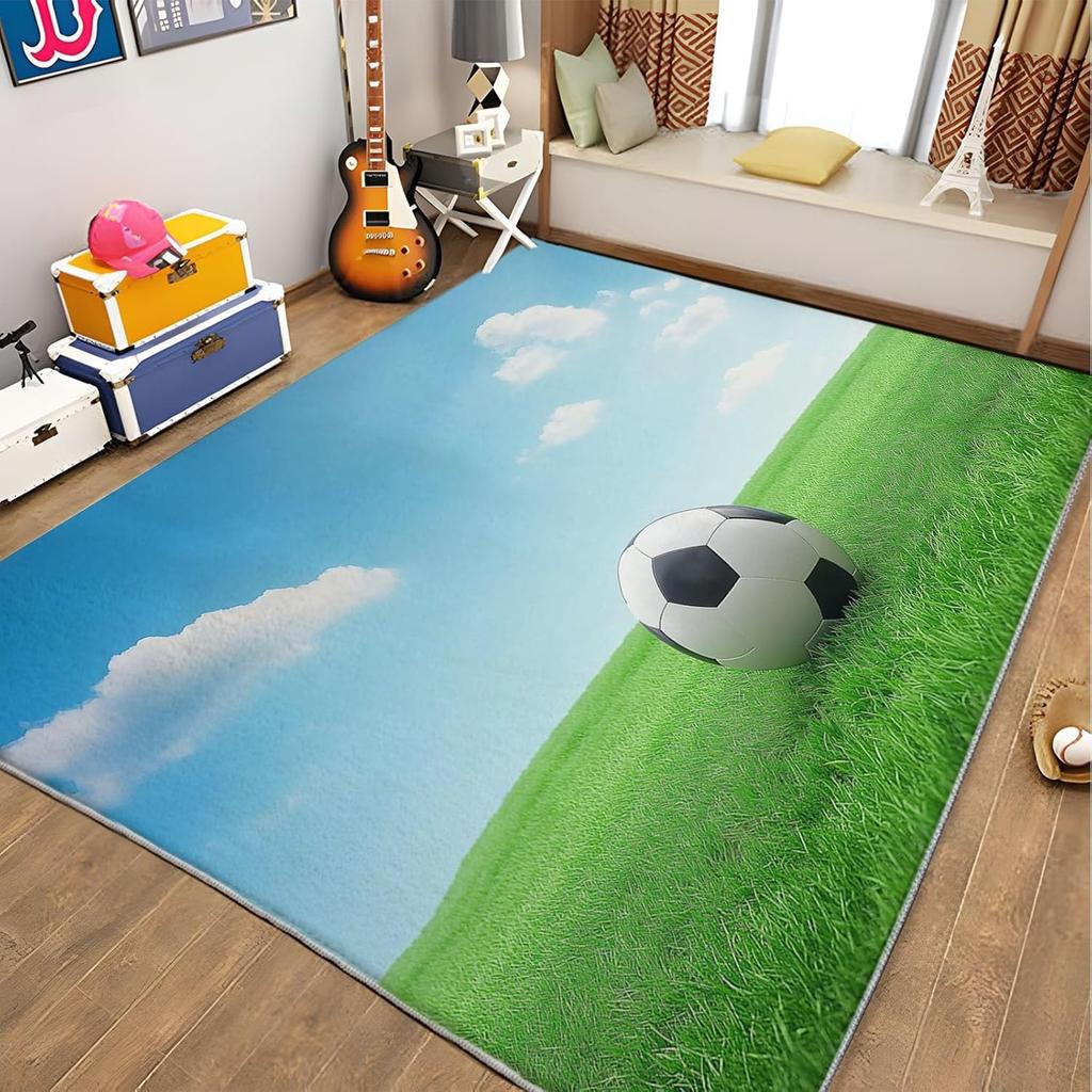 Stilvoller Teppich mit Fußballmotiv – Weiche rutschfeste Bodenmatte für Kinderzimmer & Wohnzimmer | Strapazierfähiger Spielbereichsteppich für junge Sportfans
