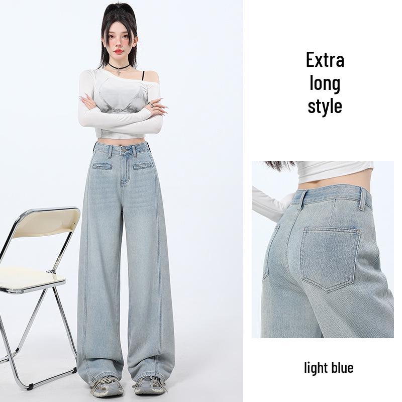 

Женские джинсы широкого кроя светло-голубого цвета с высокой посадкой - Весна 2025, стройнящий свободный крой, дизайн прямых штанин M