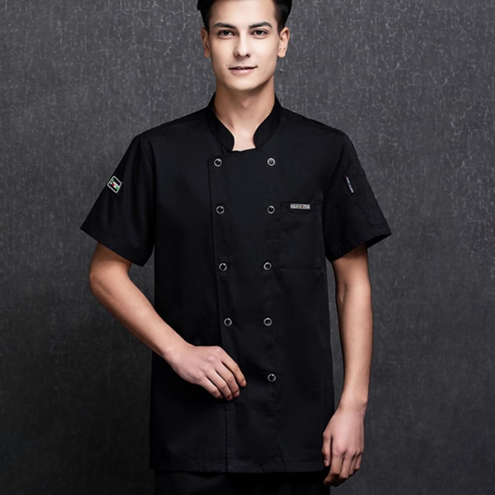 Unisex Chef Shirt Kitchen Double-breasted Short Sleeve Stand Collar Soft Chest Pocket Breathable Stain-resistant Loose Kitchen B