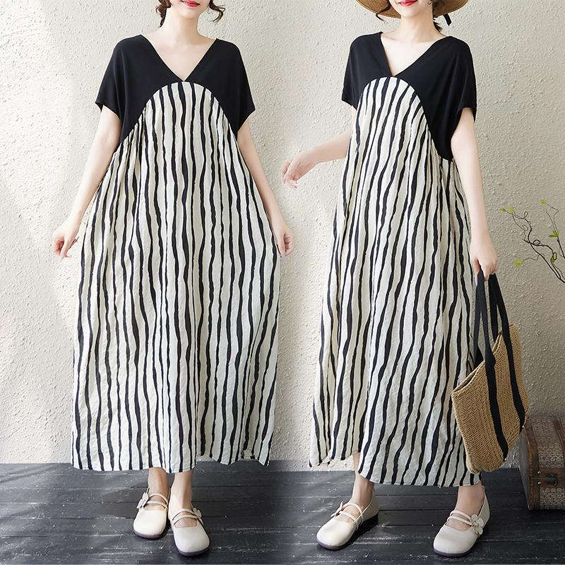 DIMANAF New 2025 Plus Size Summer Dress Loose Women V-Neck Vintage Stripe Casual Short Sleeve Dress Maxi