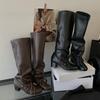 Fake Two-piece Wide Tube Boots Strap Leather High-heeled Knight Boots Retro Round Head Thick Heel Pleated Stack Boots