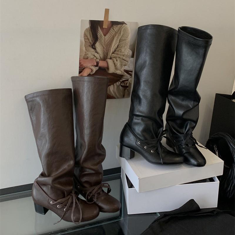 Fake Two-piece Wide Tube Boots Strap Leather High-heeled Knight Boots Retro Round Head Thick Heel Pleated Stack Boots