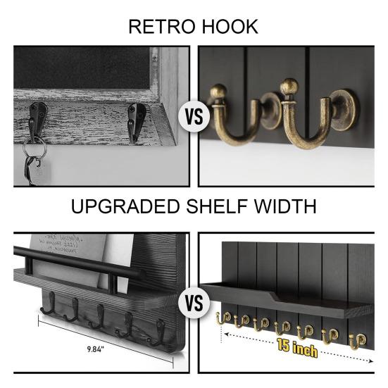 Wooden Key Holder Wall Mounted Storage Rack with Hooks Strong Load-bearing Solid Construction Easy To Install Entryway Storage Shelf