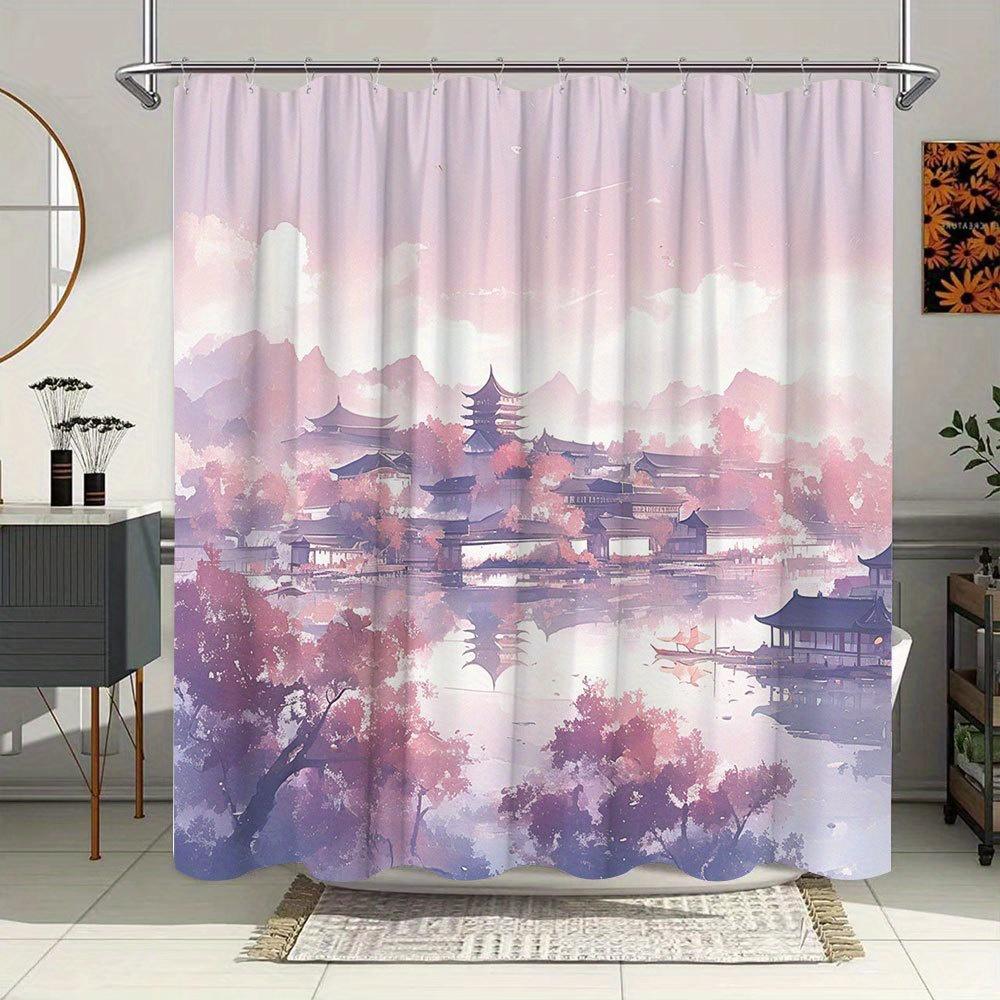 1Pc Pastel Anime Bath Curtain - Serene East Asian Scene With Pagodas, Bridges, Pink Purple Trees & Reflective Water - Soft Blue