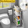 Utility Slim Storage Cart 4 Tier Small Rolling Kitchen Laundry Room Cart with Wood Top Metal Narrow Bathroom Storage Cabinet Mo