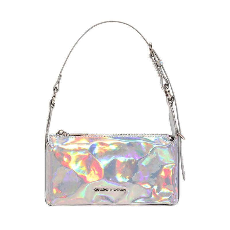 Small Square Bag Pleated Laser Leather Trendy Armpit Bag New Style Bag Niche High-end Single Shoulder Crossbody Bag