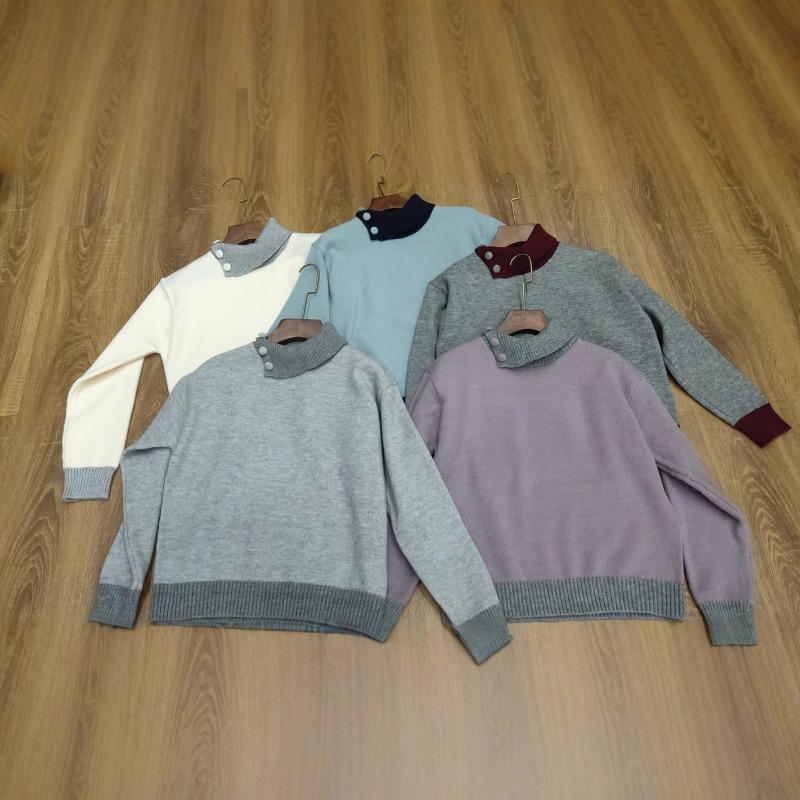 Contrasting color lapel sweater women's winter loose and gentle wind design sense unique knitted backing inner top thick
