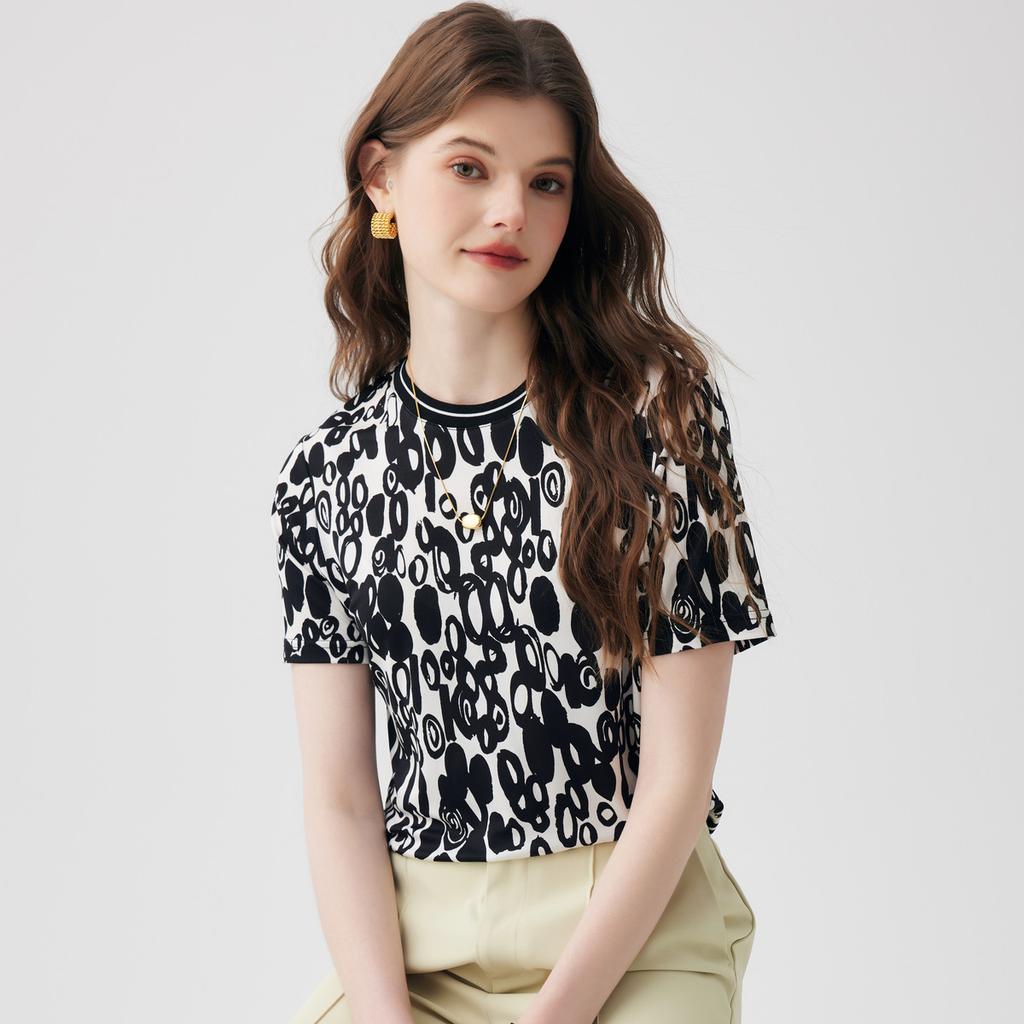 Spring and summer new round neck retro printed short sleeved versatile casual and comfortable T-shirt for women, including mulberry silk