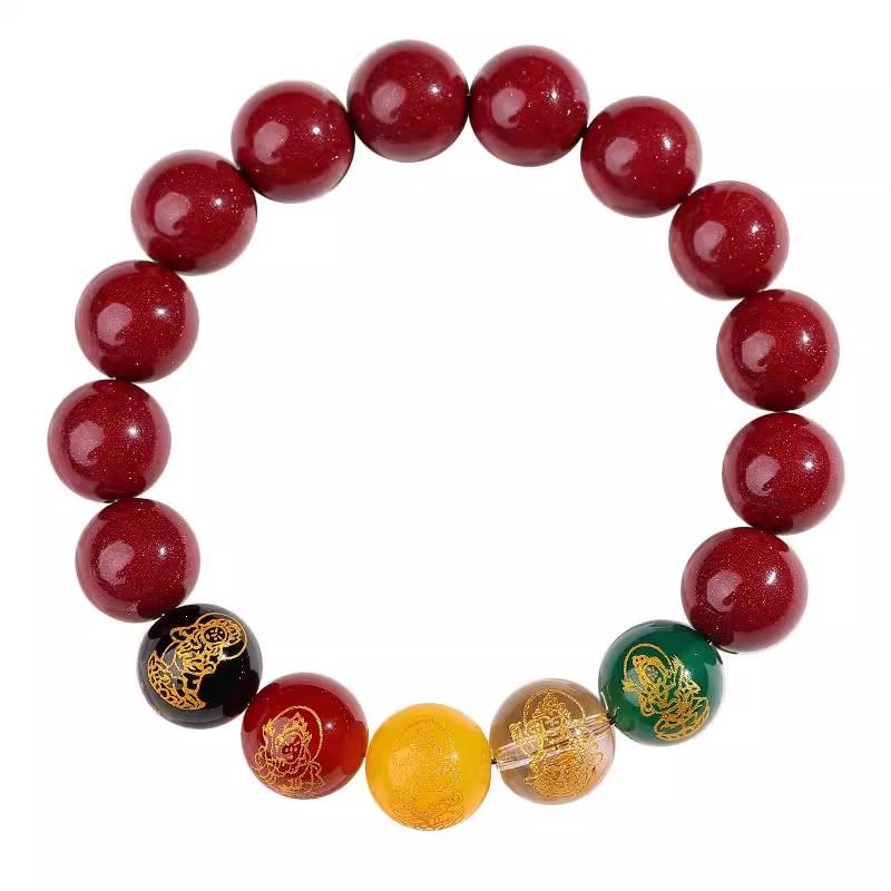 Cinnabar Lucky Bead Bracelet: Attract Wealth with Benmingnian Five Paths God of Wealth Purple Gold Cinnabar Bangle Gift.