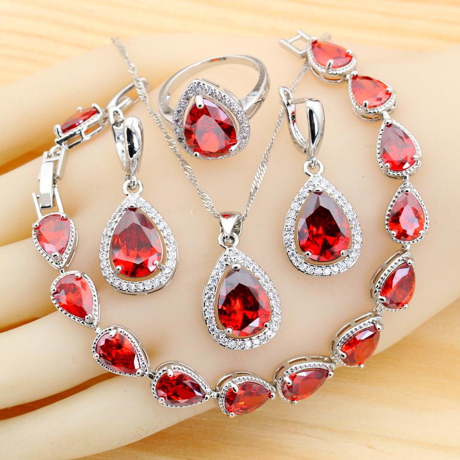 Classic Pink Zirconia Water Drop   Jewelry Sets For Women Earrings Necklace Ring Bracelet Wedding Gift