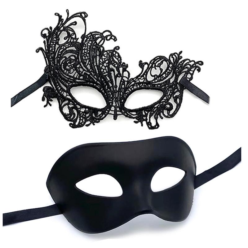 2pcs Black Lace Masquerade Masks For Couple Venetian Cosplay Costume Halloween Carnival Prom Wedding Party Half Face Masks Prop