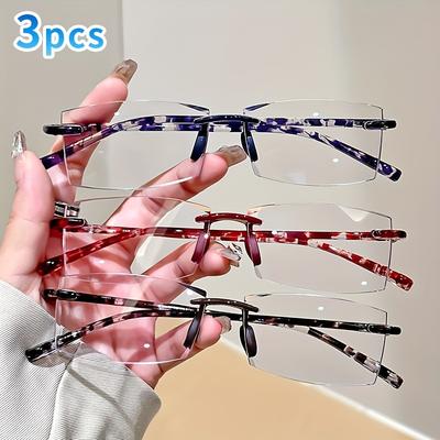 3-Pack Elegant Square Frameless Reading Glasses for Men and Women, Anti-Blue Light PC Lens, Rectangular Eyewear  1.0 To  4.0