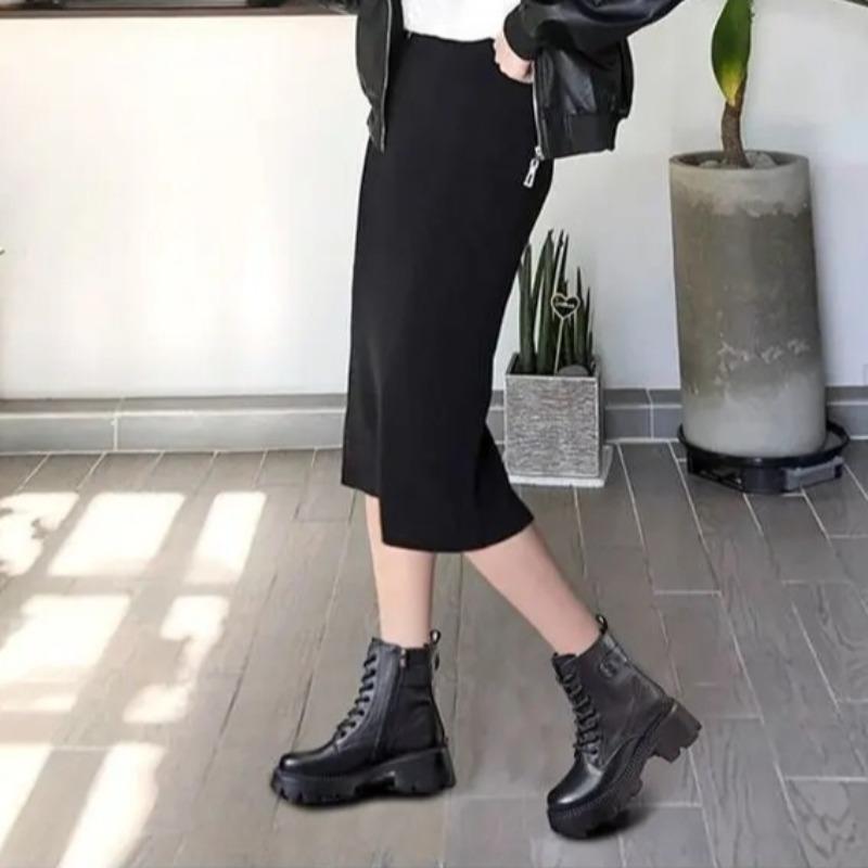 Trend Women Shoes Autumn Non-slip Leather Boots Zip Round Toe Shoes for Women Concise Leisure Sewing Platform Boots Botas Mujer